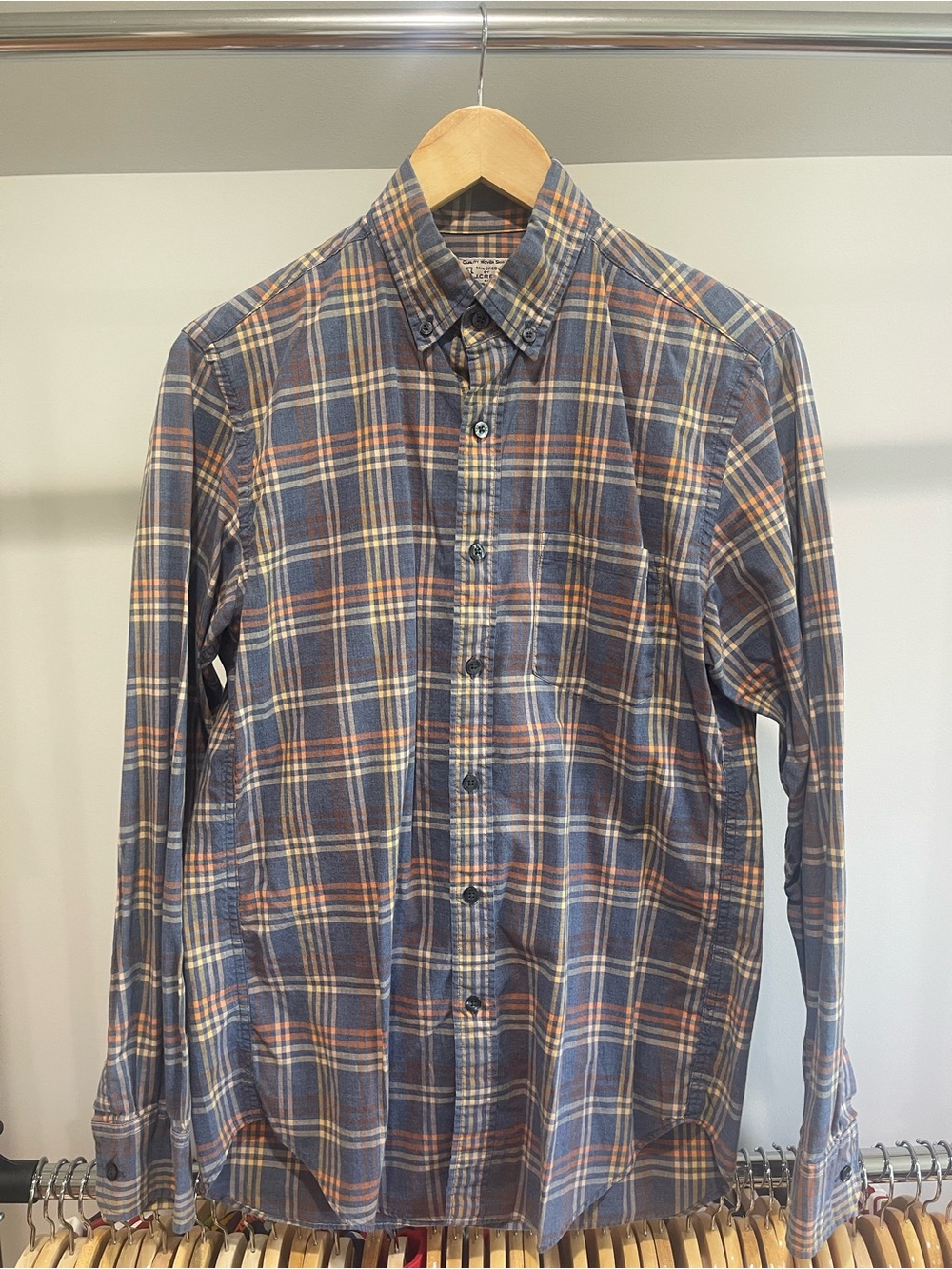 J. Crew Blue Plaid Button-Down Shirt with Orange and Cream Accents